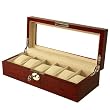Watch Box Storage Case For 6 Watches Burlwood Finish Display Window Silvertone Hardware
