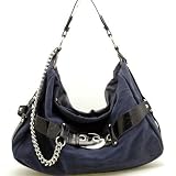 Faux Suede Belt Front Hobo Bag With Chain Accent Navy Blue/ Black Trim Croco Texture Embossed
