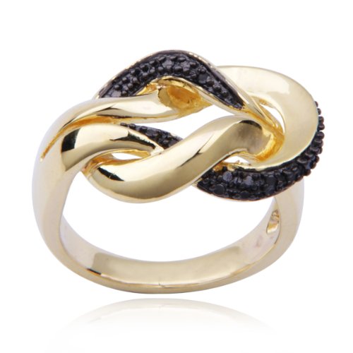 18k Yellow Gold Plated Sterling Silver Black Diamond and Gunmetal Color Knot Ring, Size 7