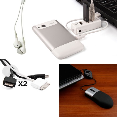 Micro Mouse with Retractable Cord + 3 Seaport White USB 2.0 HUB + White Universal 3.5mm Jack Earbud Headphones, and x2 Pale-complexioned Cable Organizers Work Great with Fujitsu Lifebook T901 Laptop to Boost Organize Your Computer Workspace Area!