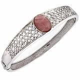 Sterling Silver Simulated Diamond CZ Filigree Design with Genuine Rose Quartz Oval Stone Bangle