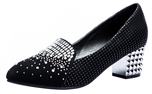 INDEX Rhinestone Decorated Rough Mid Heels Shoes(7.5 B(M) US, black)