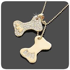PURELY CHARMING Necklace Pendant with Handset Swarovski Crystals - Double Bone Dog ID Tags (Gold)
