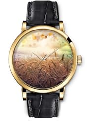 SPRAWL Aanalog Fashion Series Gold Ladies Watches of Genuine Black Leather Strap,Unique Wrist Watch for Women Girls Designed with Wheat Pasture