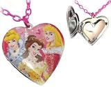 Licensed Disney Heart Locket Necklace Princess Belle, Aurora and Cinderella on Metallic Pink Chain