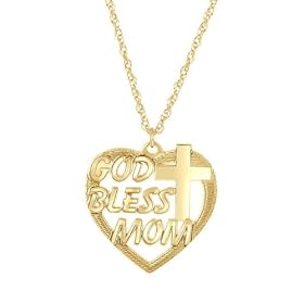 God Bless Mom 10K Yellow Gold Religious Heart Pendant