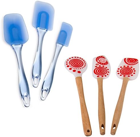 Fantastic Kitchenware - 3 Piece Supple Silicone Spatula Set &amp; 3 Peice Solid Oak handle Set - New Fun Design for the Kitchen (Red/White &amp; Clear Blue Set) - Long lasting!!