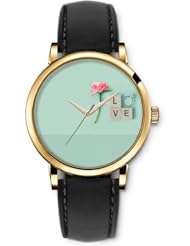 SPRAWL Aanalog Fashion Series Gold Ladies Watches of Genuine Black Leather Strap,Unique Wrist Watch for Women Girls Designed with Love
