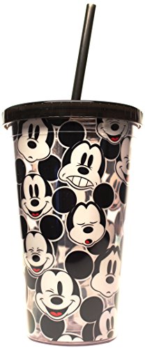 Silver Buffalo DL91087 Disney Mickey Mouse Faces BPA-Free Plastic Cold Cup with Lid and Straw, 16 oz., Gray