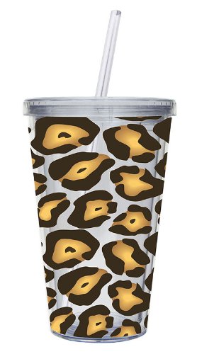Cypress Home 17-Ounce Insulated Cup With Lid and Straw, Leopard