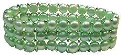 3 Rows of Fresh Water Green Colored Pearls with Sterling Silver