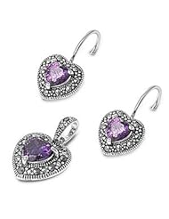 Sterling Silver Amethnyst CZ Heart Marcasite Earring & Necklace Set