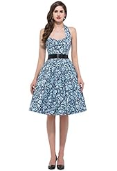 Halter Floral Print Cotton/Satin Vintage Bandage Dress  With a Sash 