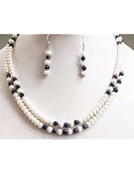 Beautiful 2 Rows Natural Fresh Water Pearl & Sapphire Beaded Necklace with Free Earrings
