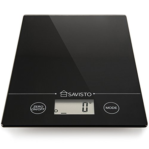 Savisto 5KG Electronic High Accuracy Digital Kitchen Scales with Large LCD Display - Black Glass Platform Scale for Food / Herbs / Spices / Coffee