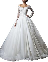 A-line V-neck Applique Lace  Sheer Long Sleeves Tulle  Dress with a Chapel Train  With Ruffles