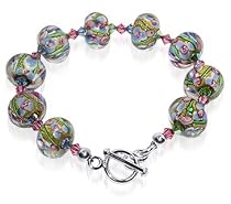 Sterling Silver Blown Glass and Pink Swarovski Crystal 7.5" Bracelet With Toggle Clasp