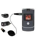 Retractable USB Hot Sync Compact Kit with Car & Wall Charger for the Motorola RAZR V3c - Gomadic Brand w/ TipExchange Technology