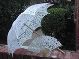 White Full Battenburg Lace Parasol W/fan