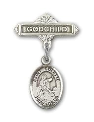 Sterling Silver Baby Badge with St. Colette Charm and Godchild Badge Pin