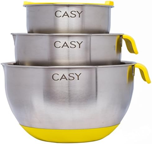 SPECIAL HOT DEAL. Premium 3 Piece Stainless Steel Mixing Bowls with Non-Slip Silicone Base, Measurement Scale, Handle, Spout and lid (for smallest bowl)