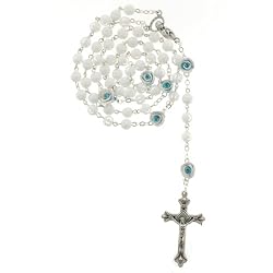 Rosary with White Glass Beads and Flowers, 19" - MADE IN ITALY