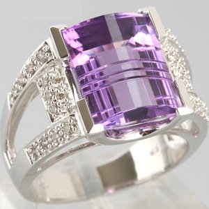14k White Gold 5.00 Ct Amethyst and Diamond Estate Cocktail Ring by