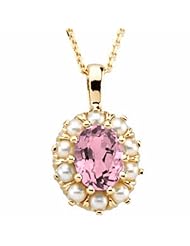 18K Yellow Gold Oval Cut Pink Sapphire and Pearl Pendant -- LIFETIME WARRANTY