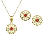 10k Yellow Gold, January Birthstone, Garnet Floral Disc Earring and Pendant Set