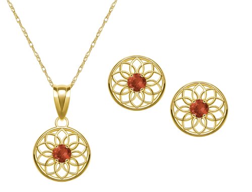 Childrens Toyshop  Jewelry : 10k Yellow Gold, January Birthstone, Garnet Floral Disc Earring and Pendant Set
