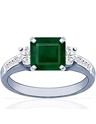 14K White Gold Emerald Cut Emerald Ring With Sidestones