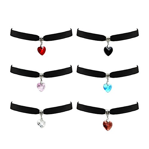 Syleia Black Velvet Choker Necklace 3/8 inch (10mm) With Heart Pendant Set of 6 Blue, Pink, Red, Black, White, Hazel. Party Favors, Bachelorette Jewelry