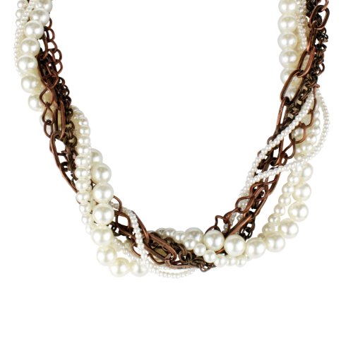 Bronze and Copper Tone Chain Link Twisted Weave Necklace with Pearl Strands