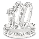 3/4 CT. T.W. Round Cut Diamond Three Ring Matching Wedding Ring Set 14K White Gold Three Ring - Ladies Engagement Ring, Wedding Band & Mens Wedding Band - Free Gift Box -