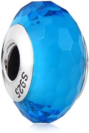 Hoobeads Faceted Sterling Silver Murano Glass Charm Bead with Solid Sterling Silver Threaded Core Stamped 925 Fits Pandora Chamilia Biagi Troll Beads Europen Style Bracelets (Blue)