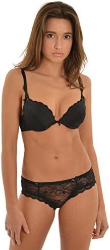 Juniors Plunge Push Up Bra Black with Sheer Black Lace Panties 2 Piece Set Bra/Pantie: 34B Small Pantie
