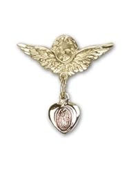 Gold Filled Baby Badge with Pink Miraculous Charm and Angel with Wings Badge Pin