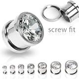316L Surgical Steel Screw Fit Tunnels with Clear Press Fit Gem - 0G (8mm) - Sold as a Pair