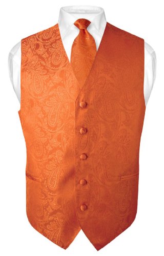 Men's Paisley Design Dress Vest & NeckTie BURNT ORANGE Color Neck Tie Set