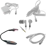 GTMax 5 pcs-Rapid Car Charger with IC Chip + Home Travel Charger (110-240v) + 2-In-1 USB Data Hotsync & Charging Cable + White Stereo Headset with Soft Gel Earbud + Black LED Clip-On Reading Book Light For Amazon Kindle 2 / DX