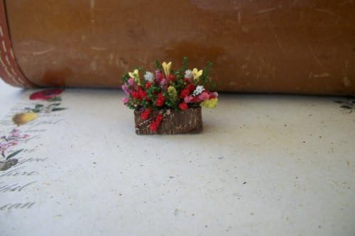 Dollhouse Miniature Fimo Clay Red Yellow and White Flowers and Real Greenery Arrangement in a Wood Container 1:12 Scale Only Other Accessories A Not Included