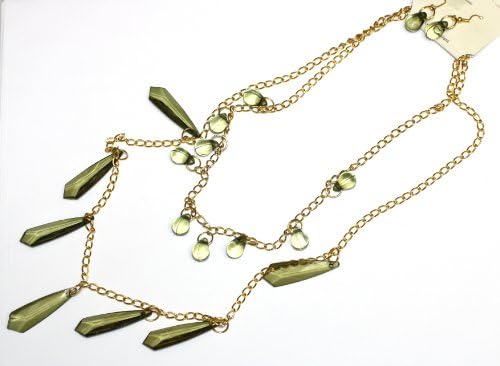 Green Teardrop Gold Tone Necklace & Earrings Set