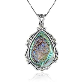 Sterling Silver Marcasite and Abalone Pear-Shaped Pendant, 18 by