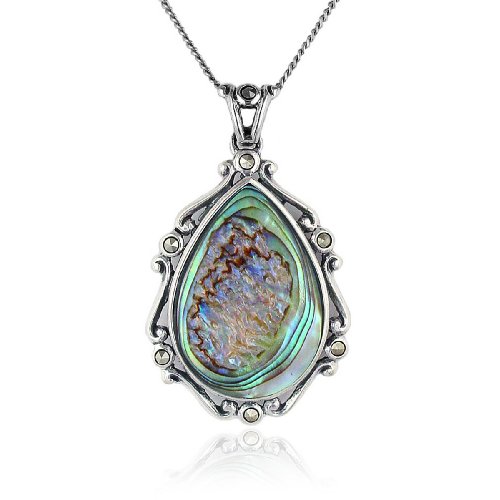 Sterling Silver Marcasite and Abalone Pear-Shaped Pendant, 18″