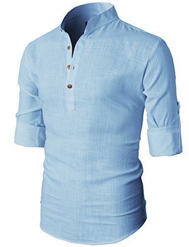 H2H Mens Casual Henley Lightweight Roll-up Sleeve Slim Fit Shirt