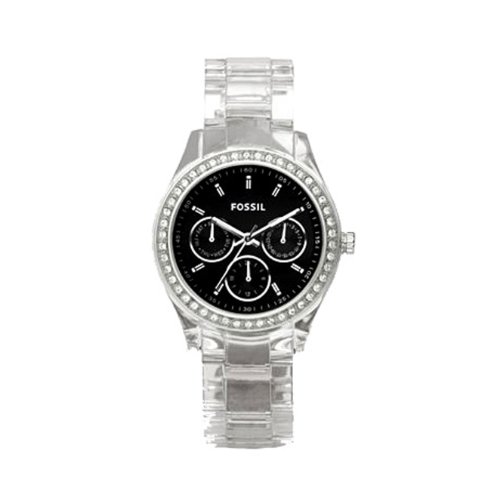 Fossil Women's ES2607 Clear Plastic Bracelet Black Glitz Analog Dial Multifunction Watch