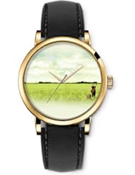 SPRAWL Aanalog Fashion Series Gold Ladies Watches of Genuine Black Leather Strap,Unique Wrist Watch for Women Girls Designed with Solo musician in the field