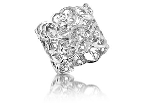 14K White Gold Matte-Finish Hand-Crafted Designer Ring, Enhanced with Bezel Set Diamonds.
