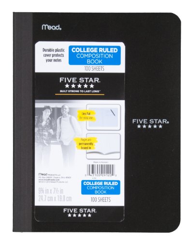 Five Star Composition Book, College Ruled, 1 Subject, 7.5 x 9.75 Inches, 100 Sheets, Corner Tabs, Assorted Colors (09120)