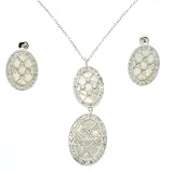 Necklace Earring Sculpted Floral Design Mother of Pearl White Sterling Silver Pendant Gift Set By Bucasi
